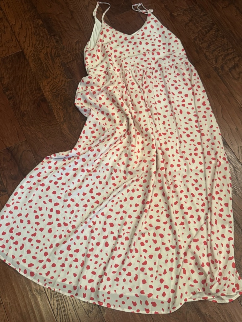 White & Pink/red abstract dot maxi dress